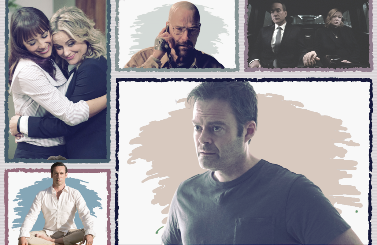 Clockwise: Mad Men, Parks and Recreation, Breaking Bad, Succession, Barry (Photos: Everett/WarnerMedia; Primetimer graphic)