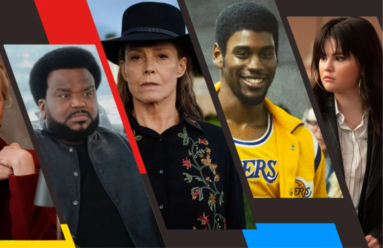 Craig Robinson in Killing It; Sigourney Weaver in The Lost Flowers of Alice Hart; Quincy Isaiah in Winning Time: The Rise of the Lakers Dynasty; Selena Gomez in Only Murders in the Building (Photos: Peacock/Prime Video/WarnerMedia; Primetimer graphic)
