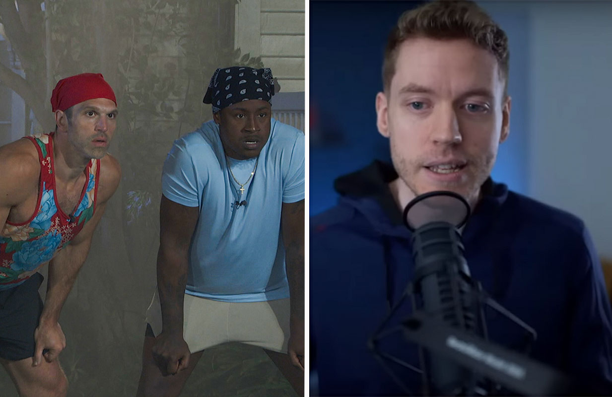 Hisam Goueli and Jared Fields on Big Brother; Taran Armstrong recapping (photos: CBS; Rob Has a Podcast)