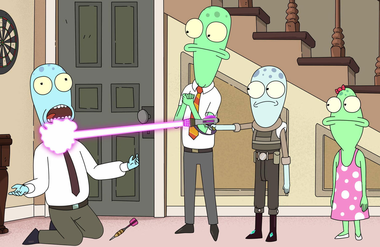 The Solar Opposites use their voice-fixing ray (Photo: Hulu)