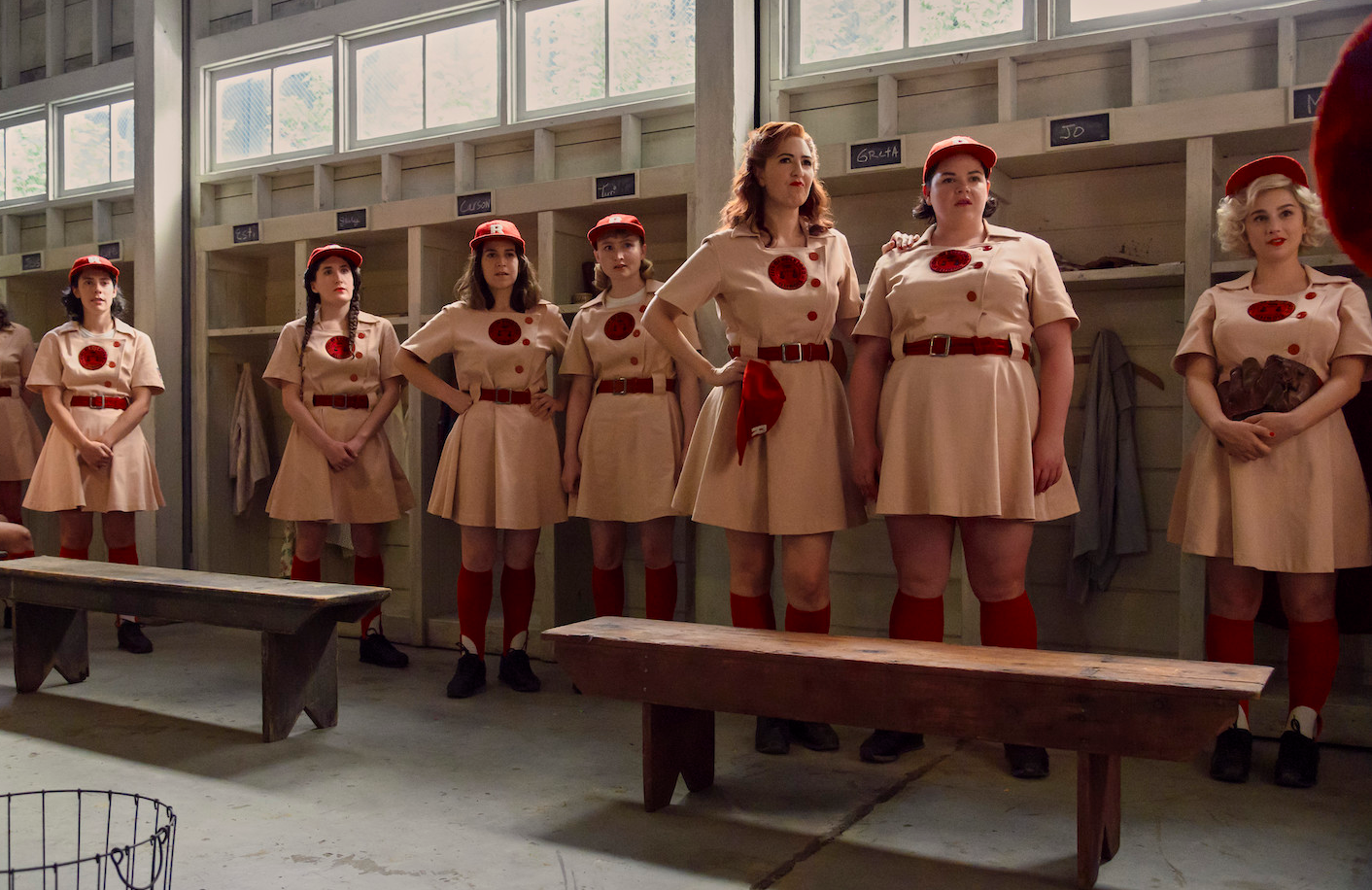 Roberta Colindrez, Kate Berlant, Abbi Jacobson, D'Arcy Carden, Melanie Field, and Molly Ephraim in A League of Their Own (Photo: Prime Video)