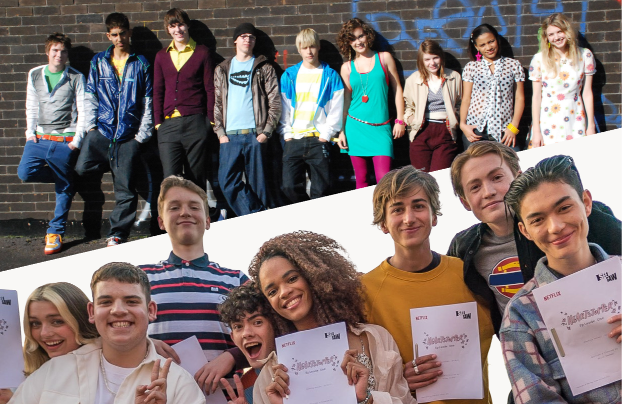 Top: The cast of Skins Season 2; Bottom: The cast of Heartstopper Season 2 (Photos: Everett Collection/Netflix; Primetimer graphic)