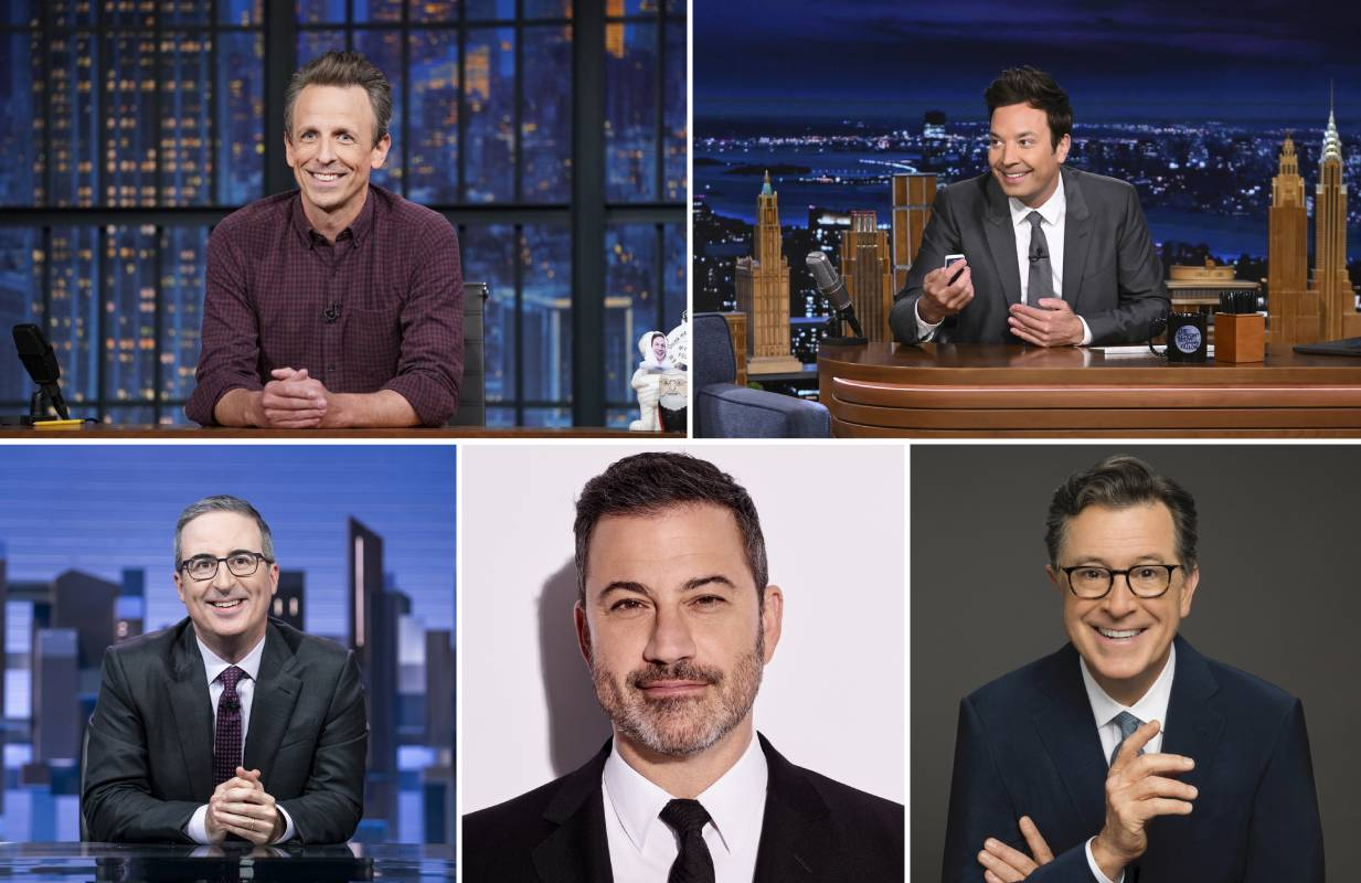 Five straight white men — Seth Meyers, Jimmy Fallon, John Oliver, Jimmy Kimmel, and Stephen Colbert — hosting a podcast isn’t exactly revolutionary. (Photo: Lloyd Bishop/NBC; Todd Owyoung/NBC; HBO; ABC/Jeff Lipsky; Gail Schulman/CBS)