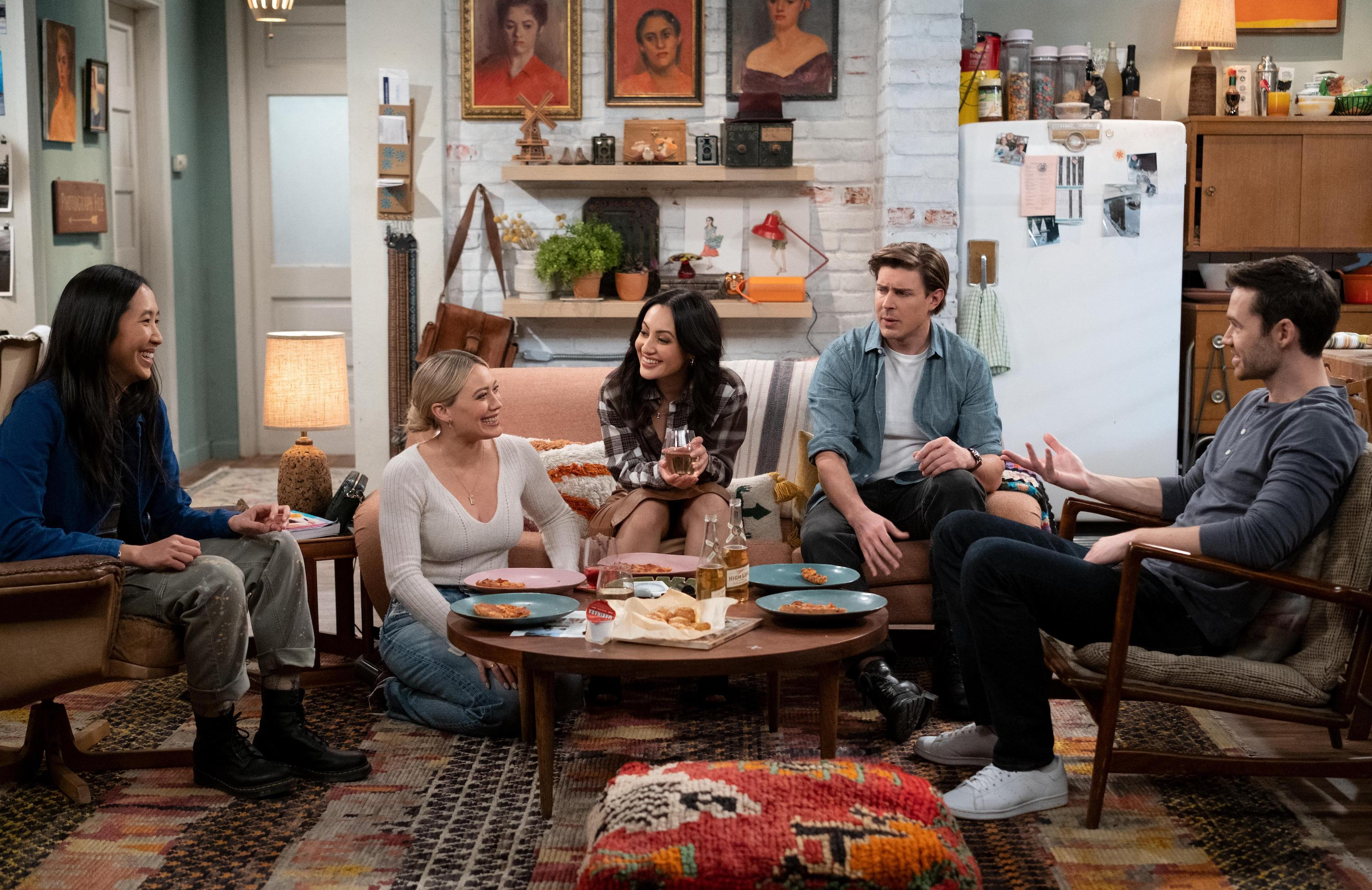 Tien Tran, Hilary Duff, Francia Rasia, Chris Lowell, and Tom Ainsley in How I Met Your Father (Photo: Patrick Wymore/Hulu)
