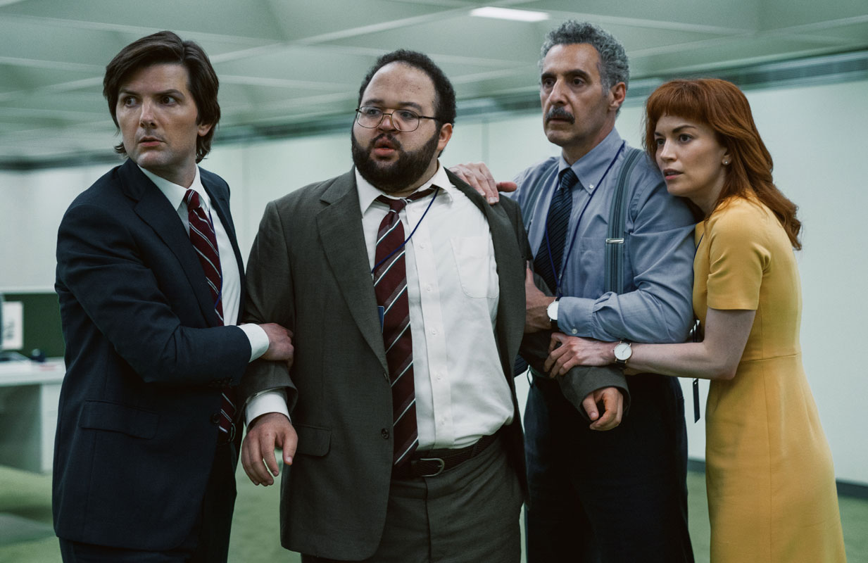 Adam Scott, Zach Cherry, John Turturro, Britt Lower on Severance (photo: Apple TV+)