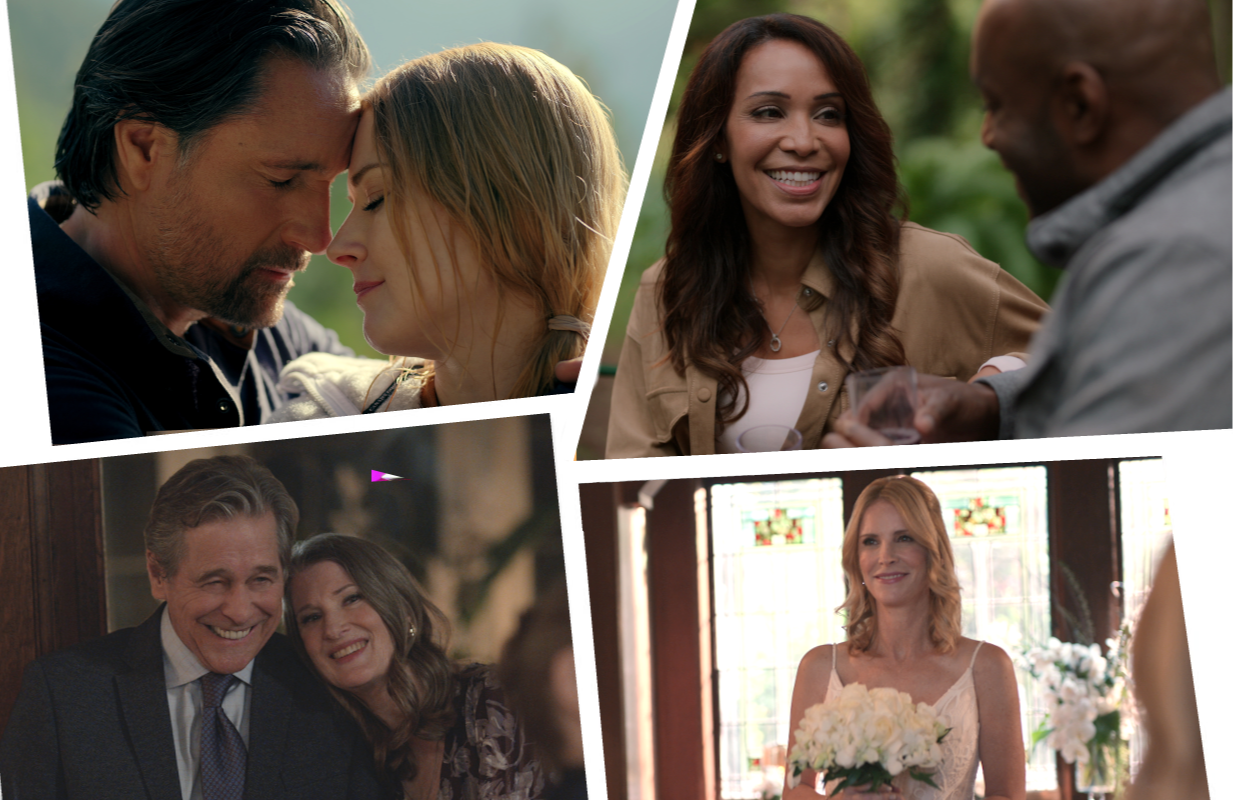 Clockwise: Martin Henderson and Alexandra Breckenridge; Lucia Walters and Colin Lawrence; Sarah Dugdale; Annette O'Toole and Tim Matheson (Photos: Netflix; Primetimer graphic)