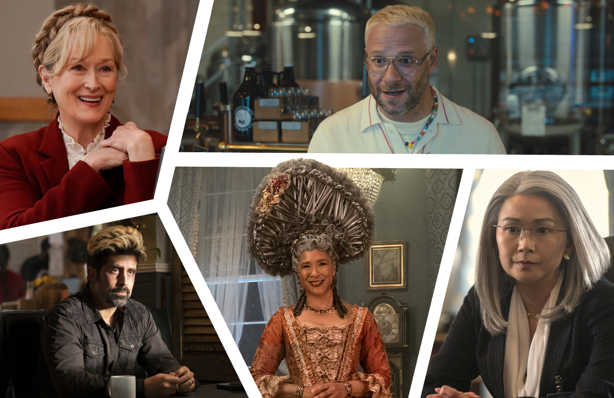 Meryl Streep in Only Murders in the Building; Seth Rogen in Platonic; Stephen Schneider in The Righteous Gemstones; Golda Rosheuvel in Queen Charlotte; Hong Chau in The Night Agent (Photo: Patrick Harbron/Hulu; Apple TV+; Jake Giles Netter/HBO; Liam Daniel/Netflix; Dan Power/Netflix; Primetimer graphic)