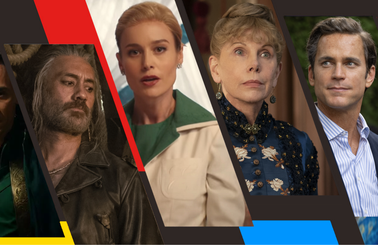 Taika Waititi in Our Flag Means Death, Brie Larson in Lessons in Chemistry, Christine Baranski in The Gilded Age, and Matt Bomer in Fellow Travelers (Photos: Max/Apple TV+/HBO/Showtime; Primetimer graphic)