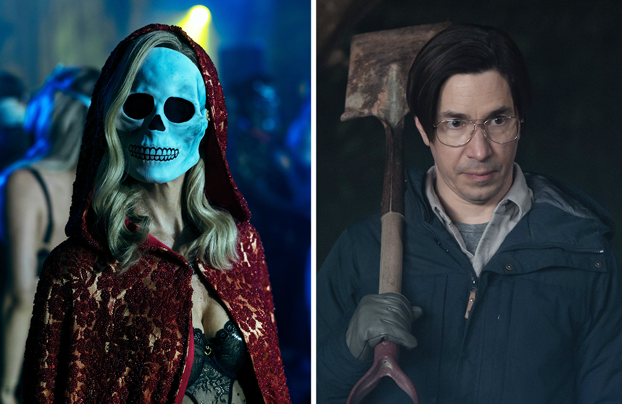 Carla Gugino in The Fall of the House of Usher; Justin Long in Goosebumps. (Photos: Eike Schroter/Netflix; Disney/David Astorga)
