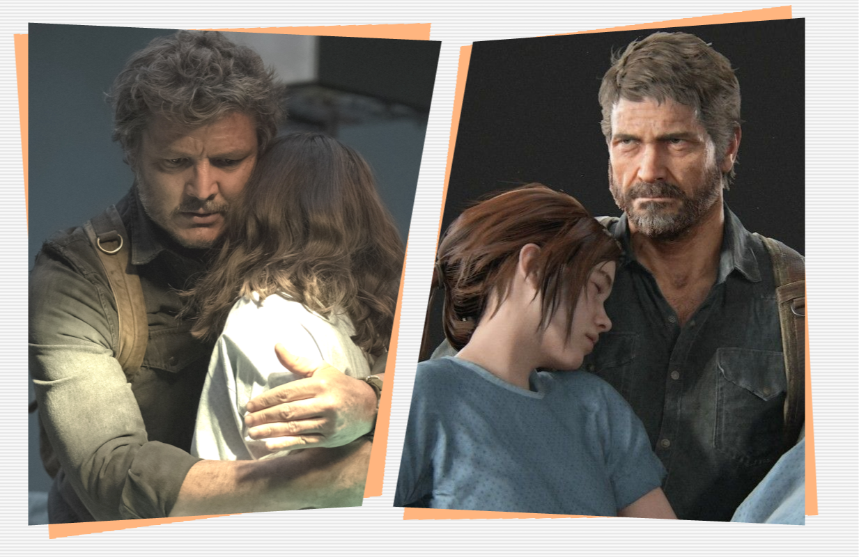 Left: Pedro Pascal and Bella Ramsey in The Last of Us (Photo: Liane Hentscher/HBO). Right: Screencap from The Last of Us game.