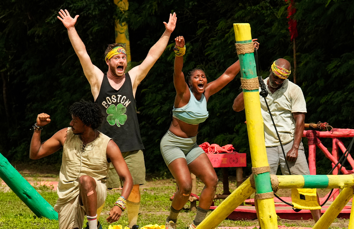 Kaleb Gebrewold, Jake O’Kane, Katurah Topps, and Bruce Perreault in Survivor (Photo: Robert Voets/CBS) 