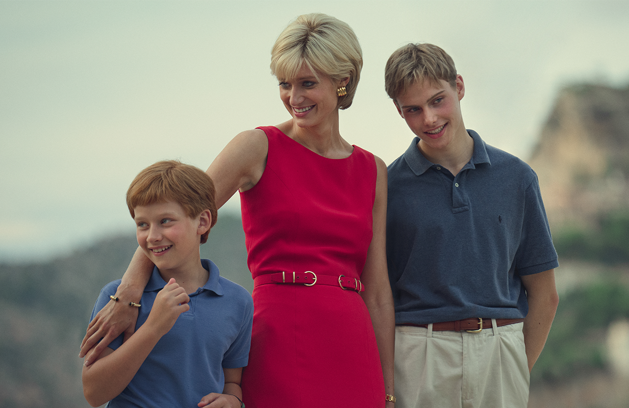 Fflyn Edwards, Elizabeth Debicki, and Rufus Kampa in The Crown Season 6 (Photo: Daniel Escale/Netflix)