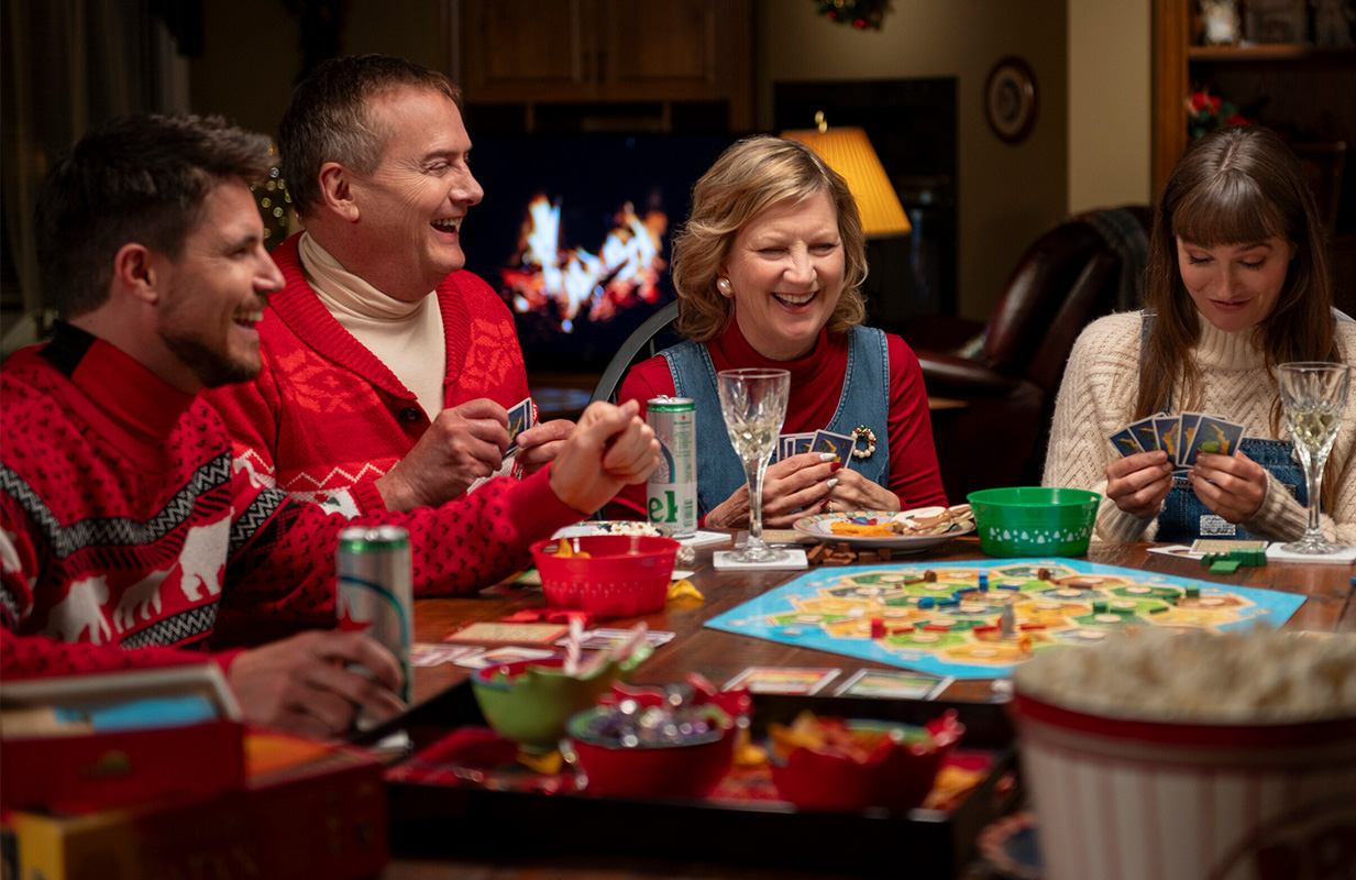 Robbie Amell, Michael Hitchcock, Kathryn Greenwood, and Leighton Meester in Exmas (Photo: Amazon Studios)