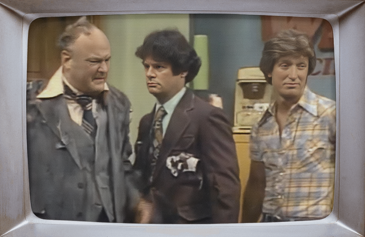 Gordon Jump, Frank Bonner, and Gary Sandy in WRKP in Cincinnati (Image: WRKP in Cincinnati; Primetimer graphic)