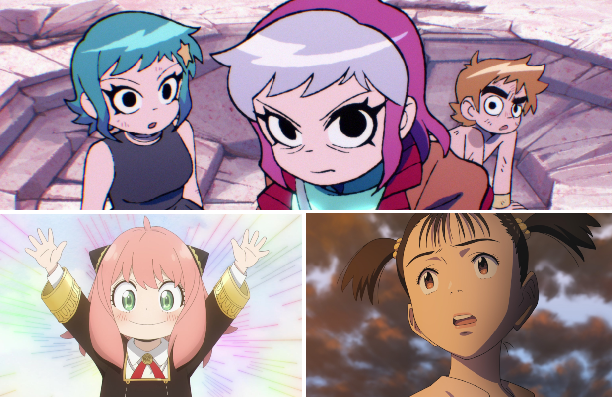 Top: Scott Pilgrim Takes Off; bottom left: Spy x Family Season 2; bottom right: Pluto 
