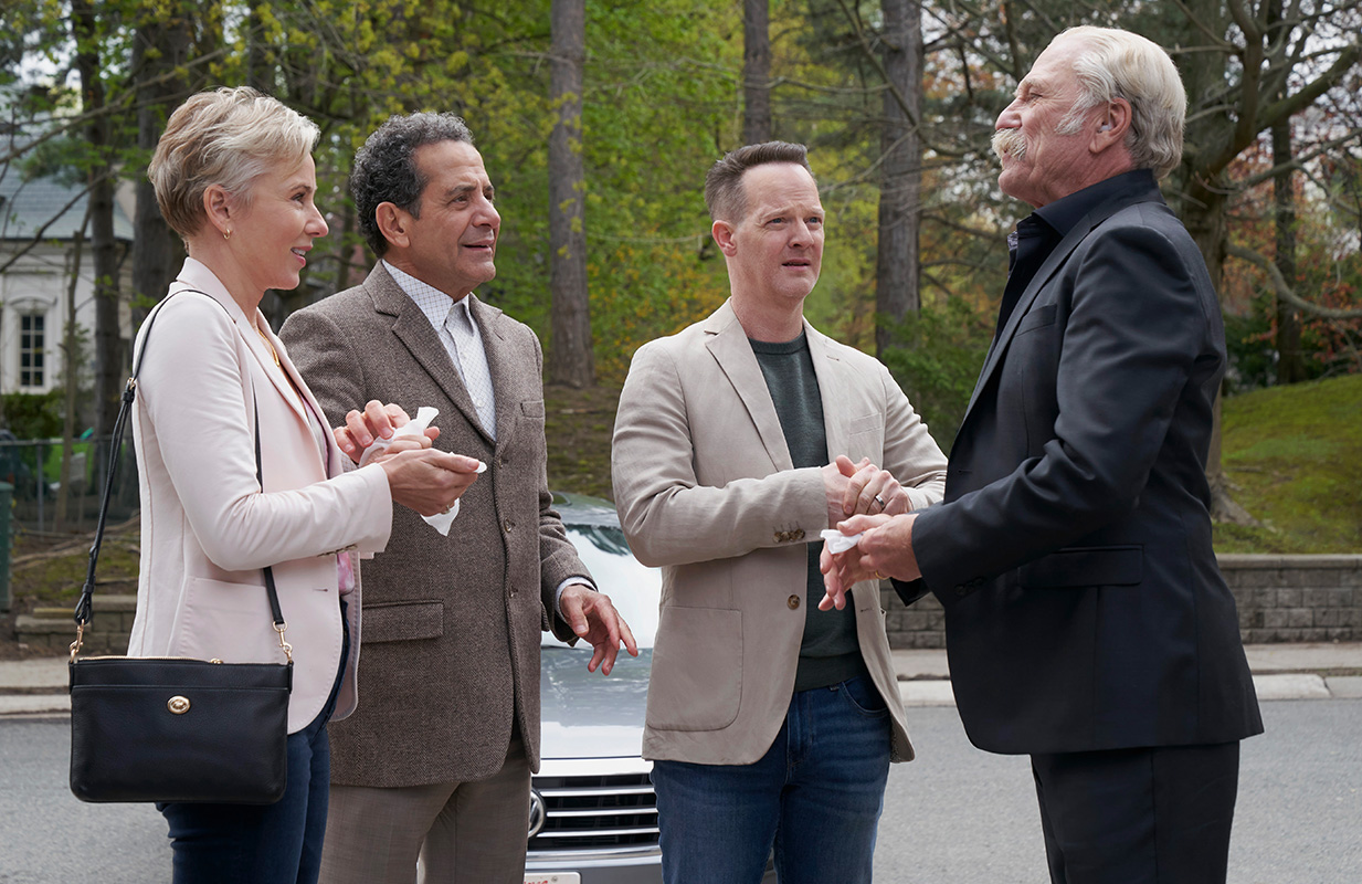 Traylor Howard, Tony Shalhoub, Jason Gray-Stanford, and Ted Levine in Mr. Monk's Last Case: A Monk Movie (Photo: Peacock)