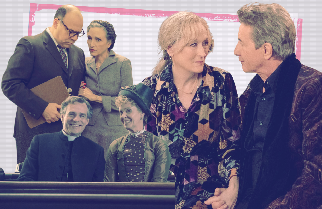 Front left: Robert Sean Leonard and Cynthia Nixon in The Gilded Age; back left: Danny Burstein and Bebe Neuwirth in Julia; right: Meryl Streep and Martin Short in Only Murders in the Building (Photos: HBO/Max/Hulu; Primetimer graphic)