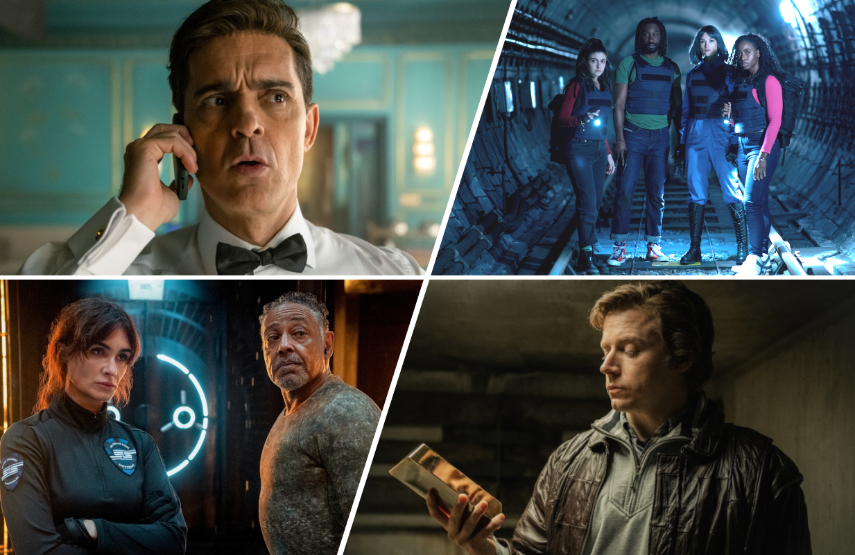 The year in heist shows (clockwise from left): Berlin, Culprits, The Gold, Kaleidoscope. (Photos: Netflix, Hulu, Paramount+)