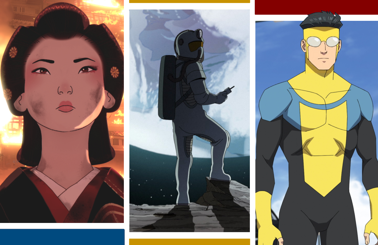 Blue Eye Samurai, Scavengers Reign, Invincible (Photos: Netflix/Max/Amazon; Primetimer graphic)