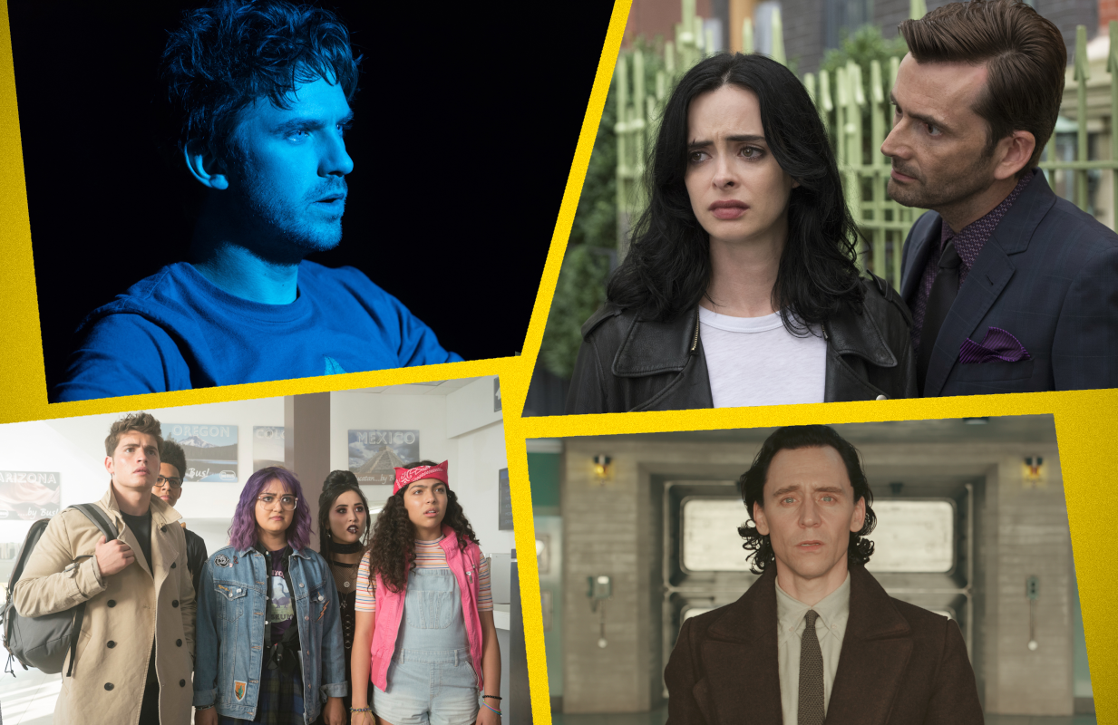 Clockwise: Legion, Marvel's Jessica Jones, Loki, Marvel's Runaways (Photos: Everett Collection/Disney+; Primetimer graphic)