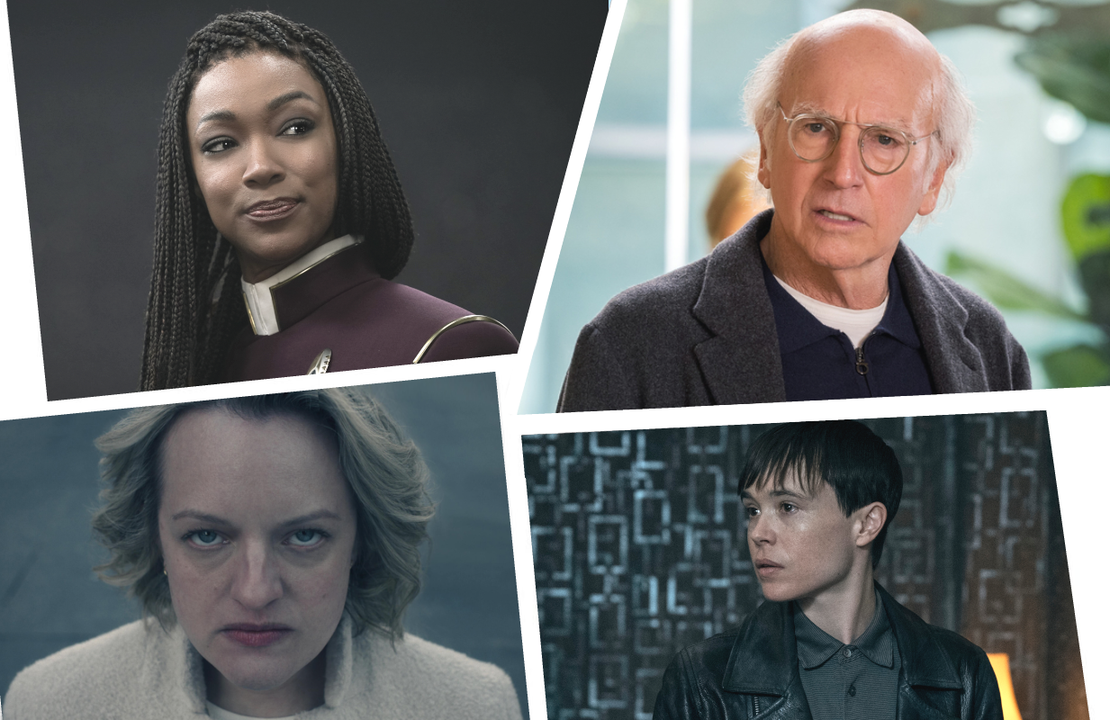 Clockwise: Star Trek: Discovery, Curb Your Enthusiasm, Umbrella Academy, The Handmaid's Tale