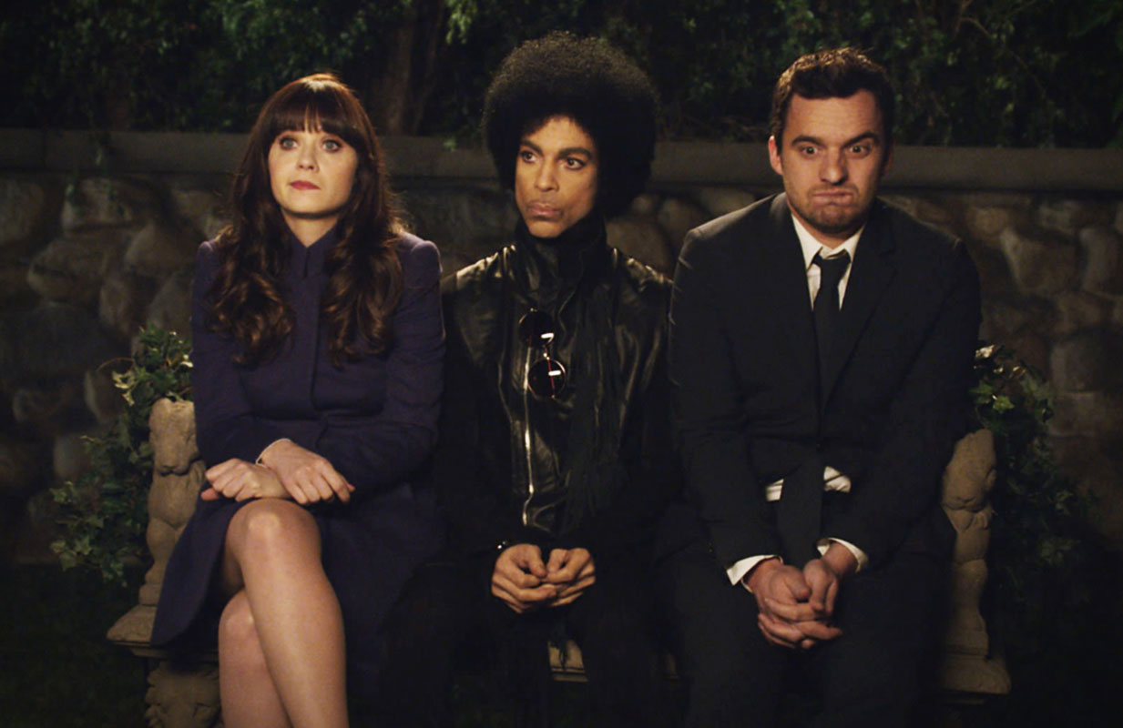 Zooey Deschanel, Prince, and Jake Johnson in New Girl (Photo: Fox/Everett Collection)