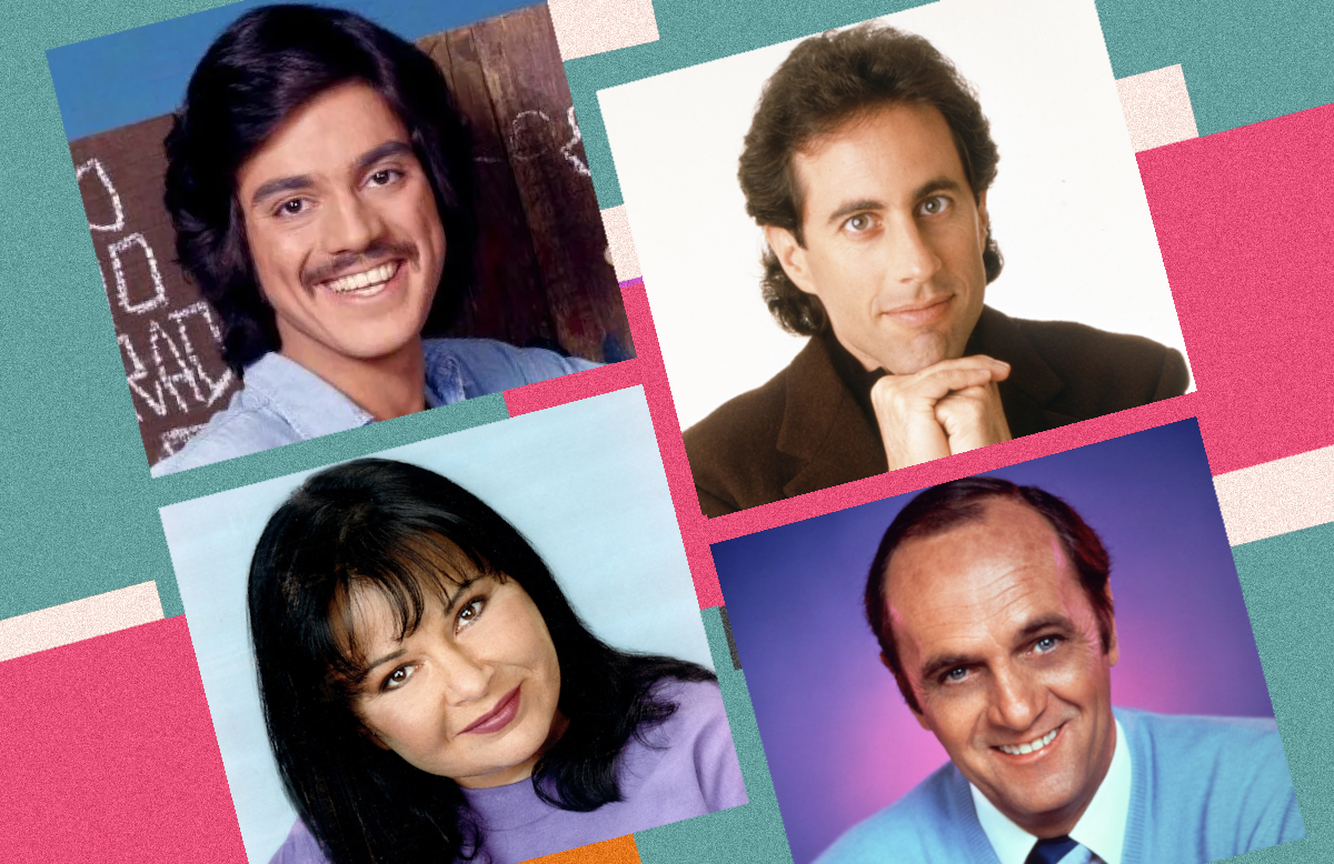 Clockwise: Freddie Prinze, Jerry Seinfeld, Bob Newhart, and Roseanne Barr (Photos: Everett Collection; Primetimer graphic)