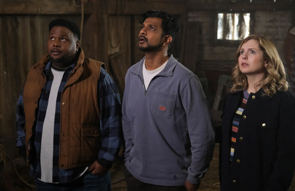 Tristan D. Lalla, Utkarsh Ambudkar, and Rose McIver in Ghosts (Photo: Bertrand Calmeau/CBS)