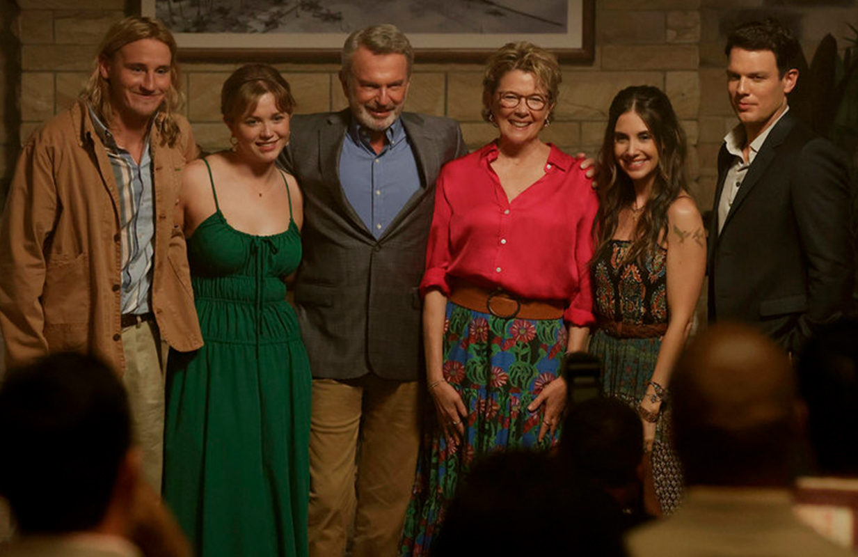 Conor Merrigan Turner, Essie Randles, Sam Neill, Annette Bening, Alison Brie, and Jake Lacy in Apples Never Fall (Photo: Peacock)