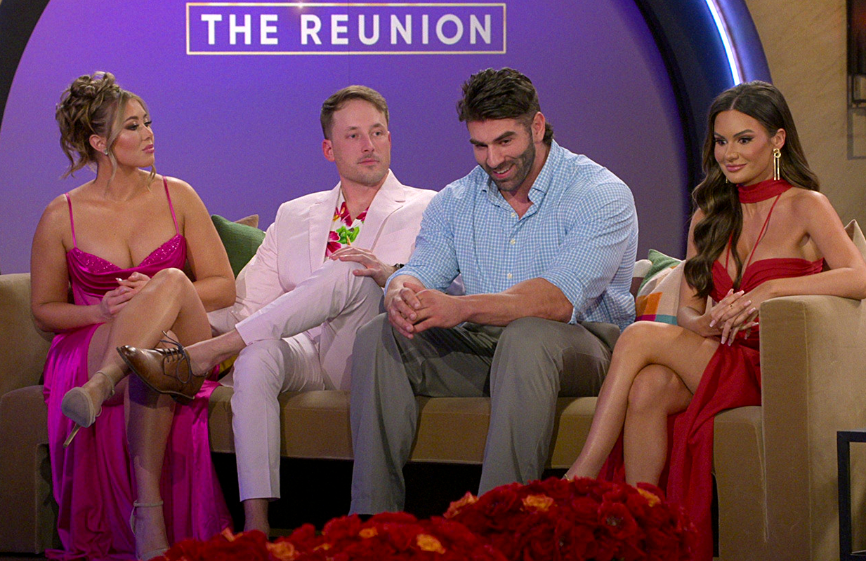 Sarah Ann, Jeramey, Trevor, and Jessica during the Love Is Blind Season 6 reunion (Photo: Netflix)