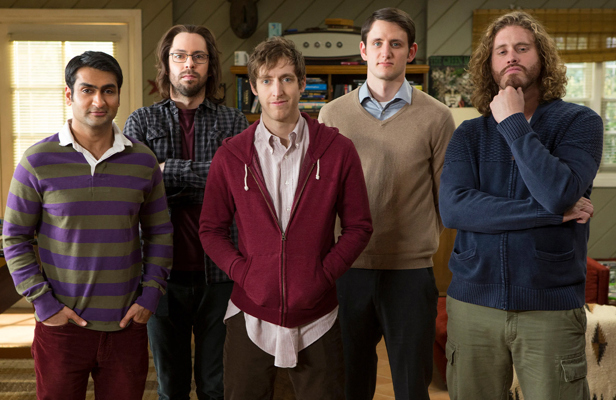 Left to right: Kumail Nanjiani, Martin Starr, Thomas Middleditch, Zach Woods, T.J. Miller in Silicon Valley (Photo: HBO)