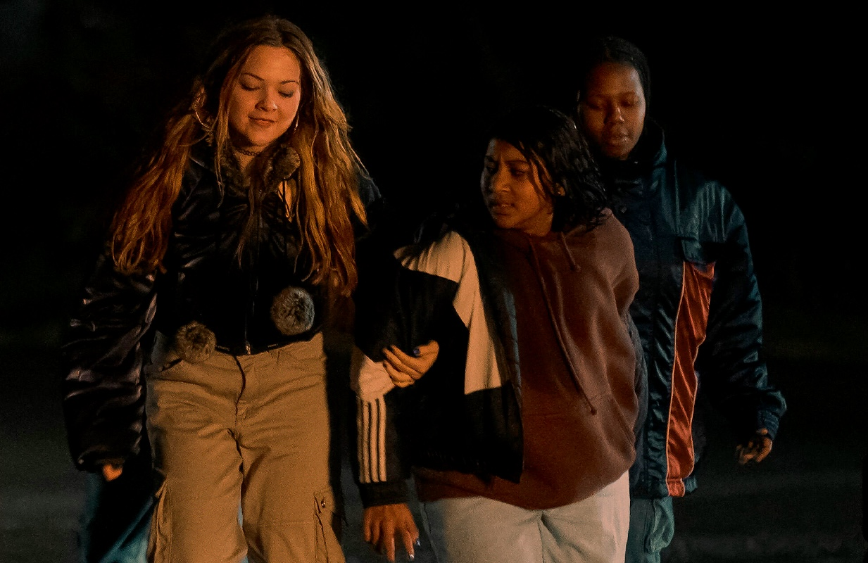 Chloe Guidry, Vritika Gupta, and Aiyana Goodfellow in Under the Bridge (Photo: Darko Sikman/Hulu)