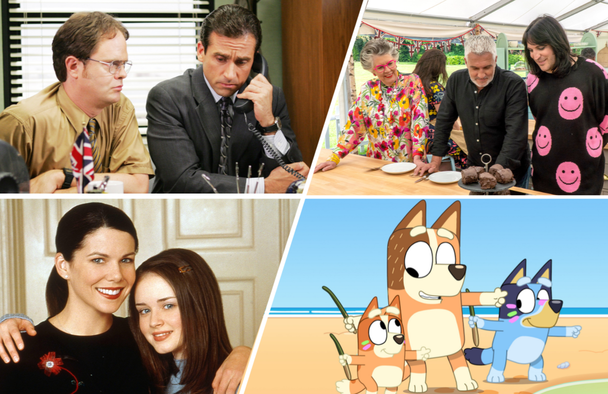 Clockwise: The Office, The Great British Baking Show, Bluey, Gilmore Girls (Photos: Everett Collection/Disney+)