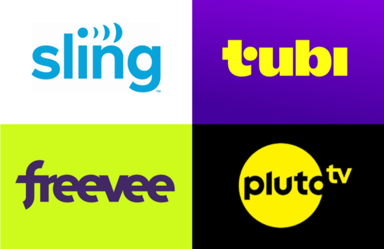 (Logo images: Sling, Tubi, Pluto TV, and Freevee)