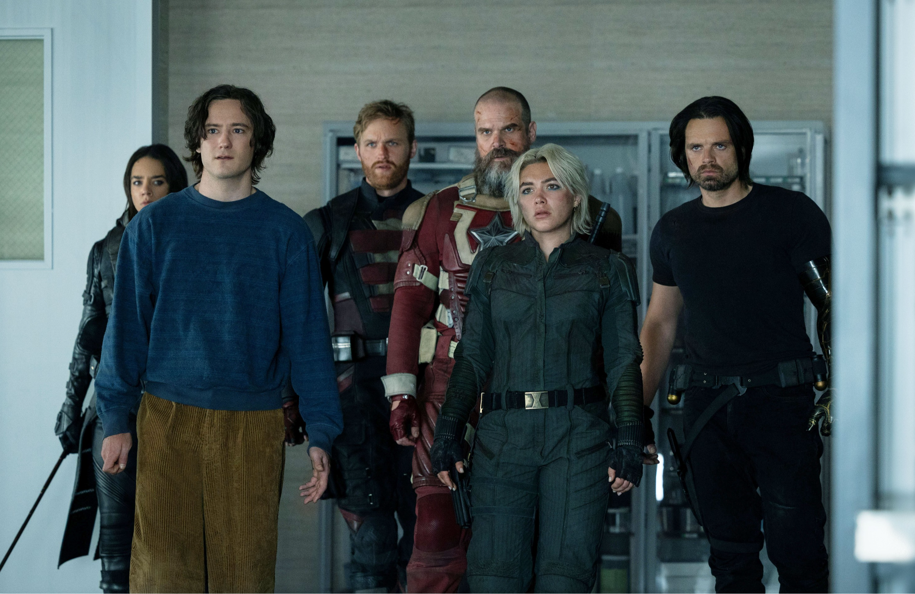 THUNDERBOLTS*, (aka THUNDERBOLTS), from left: Hannah John-Kamen as Ghost, Lewis Pullman as Robert Reynolds, Wyatt Russell as John Walker, David Harbour as Red Guardian, Florence Pugh as Yelena Belova, Wyatt, Sebastian Stan as Bucky Barnes, 2025. ph: Chuck Zlotnick /© Marvel / © Walt Disney Studios Motion Pictures /Courtesy Everett Collection