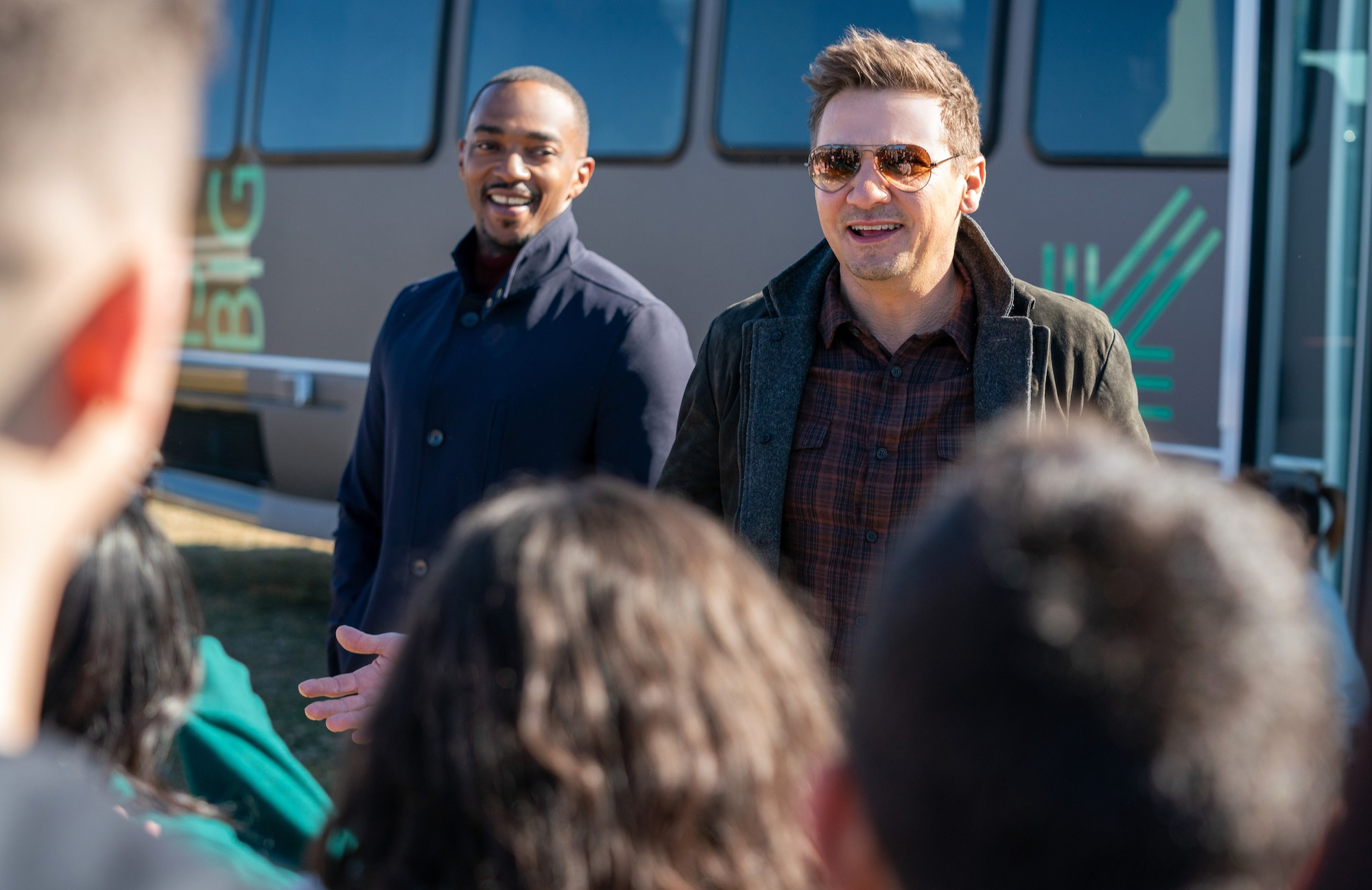 RENNERVATIONS, back, from left: Anthony Mackie, Jeremy Renner, 'Reno: Building a Mobile Recreation Center (ft. Anthony Mackie)', (Season 1, ep. 103, aired April 12, 2023). photo: Katrina Marcinowski / ©Disney+ / Courtesy Everett Collection