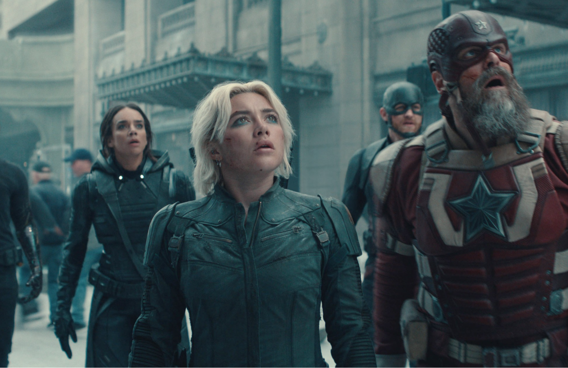 THUNDERBOLTS*, (aka THUNDERBOLTS), from left: Sebastian Stan as Bucky Barnes, Hannah John-Kamen as Ghost, Florence Pugh as Yelena Belova, Wyatt Russell as John Walker, David Harbour as Red Guardian, 2025. © Marvel / © Walt Disney Studios Motion Pictures / courtesy Everett Collection