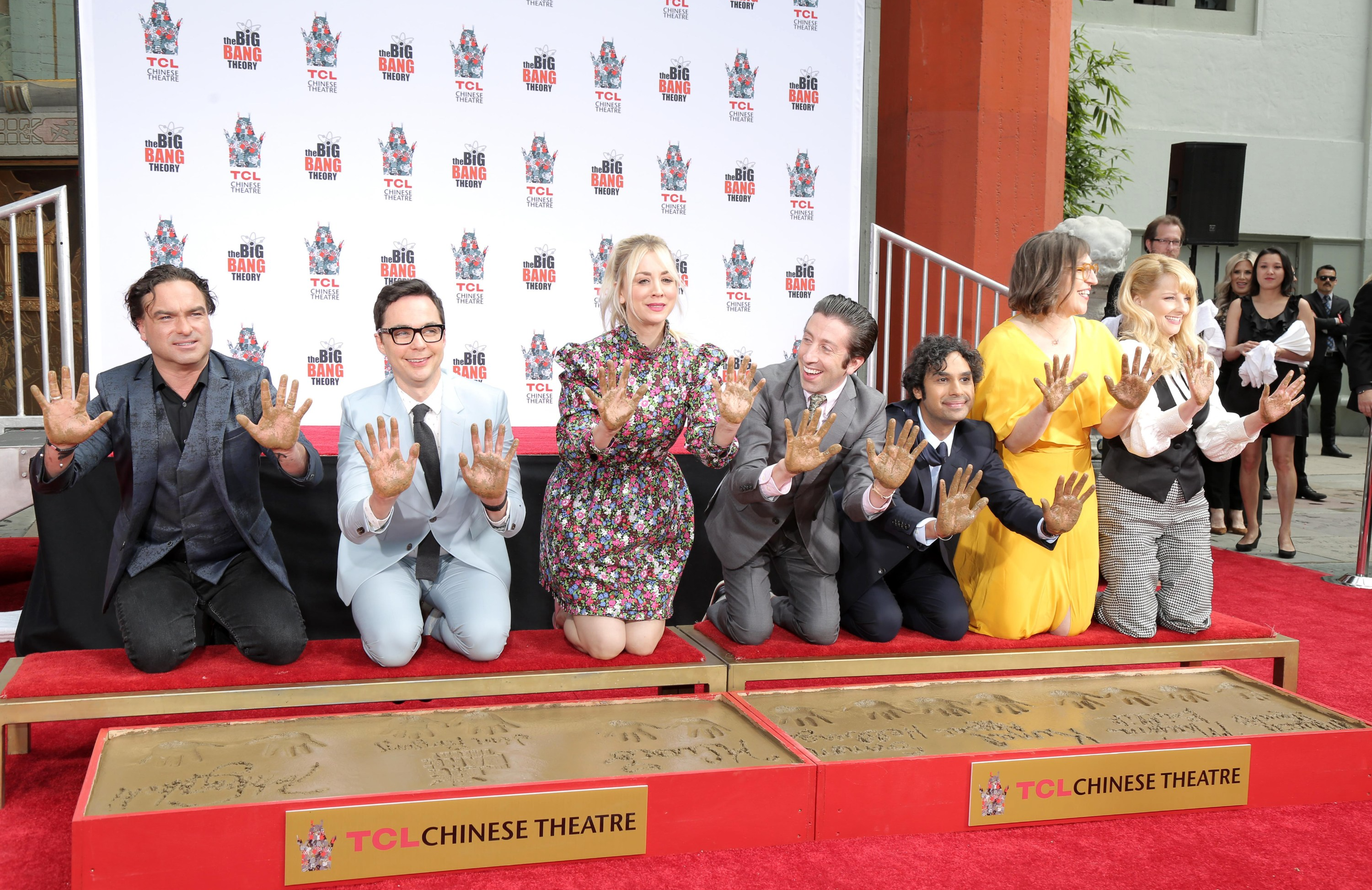 Johnny Galecki, Jim Parsons, Kaley Cuoco, Simon Helberg, Kunal Nayyar, Mayim Bialik, Melissa Rauch at the induction ceremony for The Big Bang Theory Cast Handprint &amp; Footprint Ceremony, TCL Chinese Theatre (formerly Grauman's), Los Angeles, CA May 1, 2019. Photo By: Priscilla Grant/Everett Collection