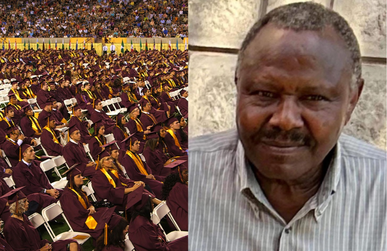 Reuben Waithaka arrived in the US to attend his grandson's high school graduation [A representational image of a graduation ceremony] (Image via Everett Collection &amp; Facebook/Willy Waithaka)
