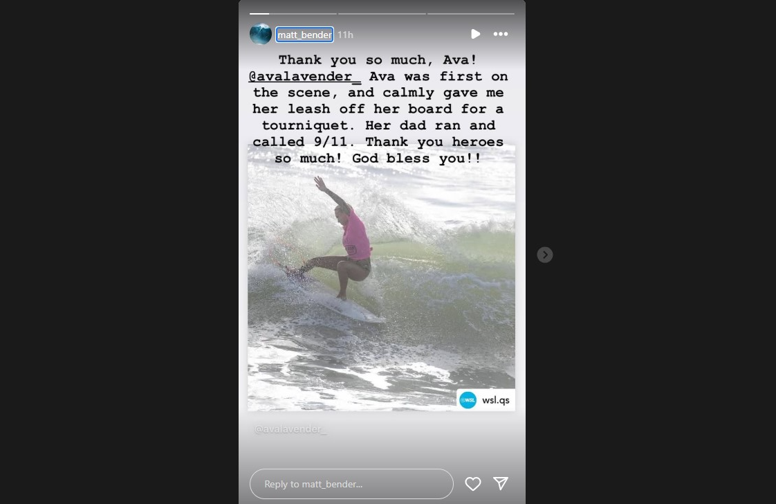 Matthew "Matt" Bender thanked the fellow surfer for helping him following the shark attack (Image via Instagram/@matt_bender)