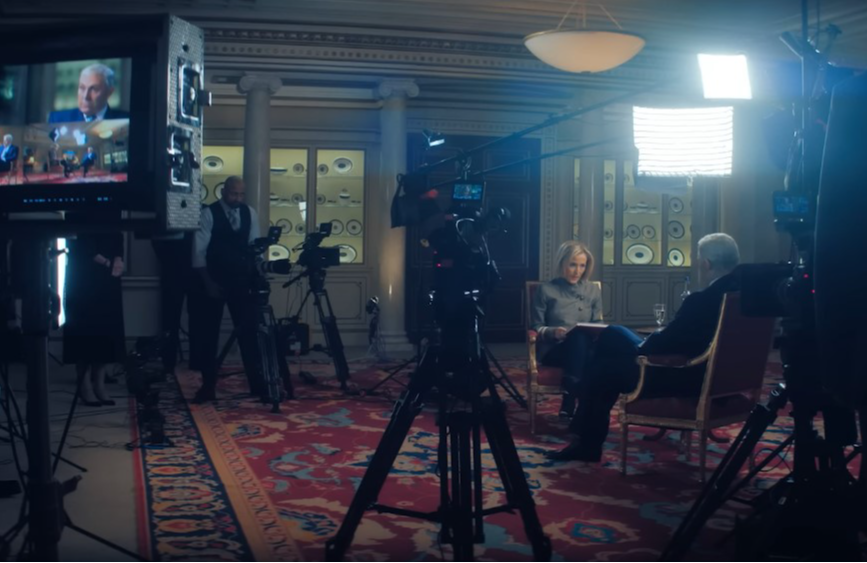 Prince Andrew and Emily Maitlis' 2019 BBC Newsnight interview was recreated in Scoop, with Rufus Sewell and Gillian Anderson portraying the real-life personalities (Image via YouTube/Netflix)