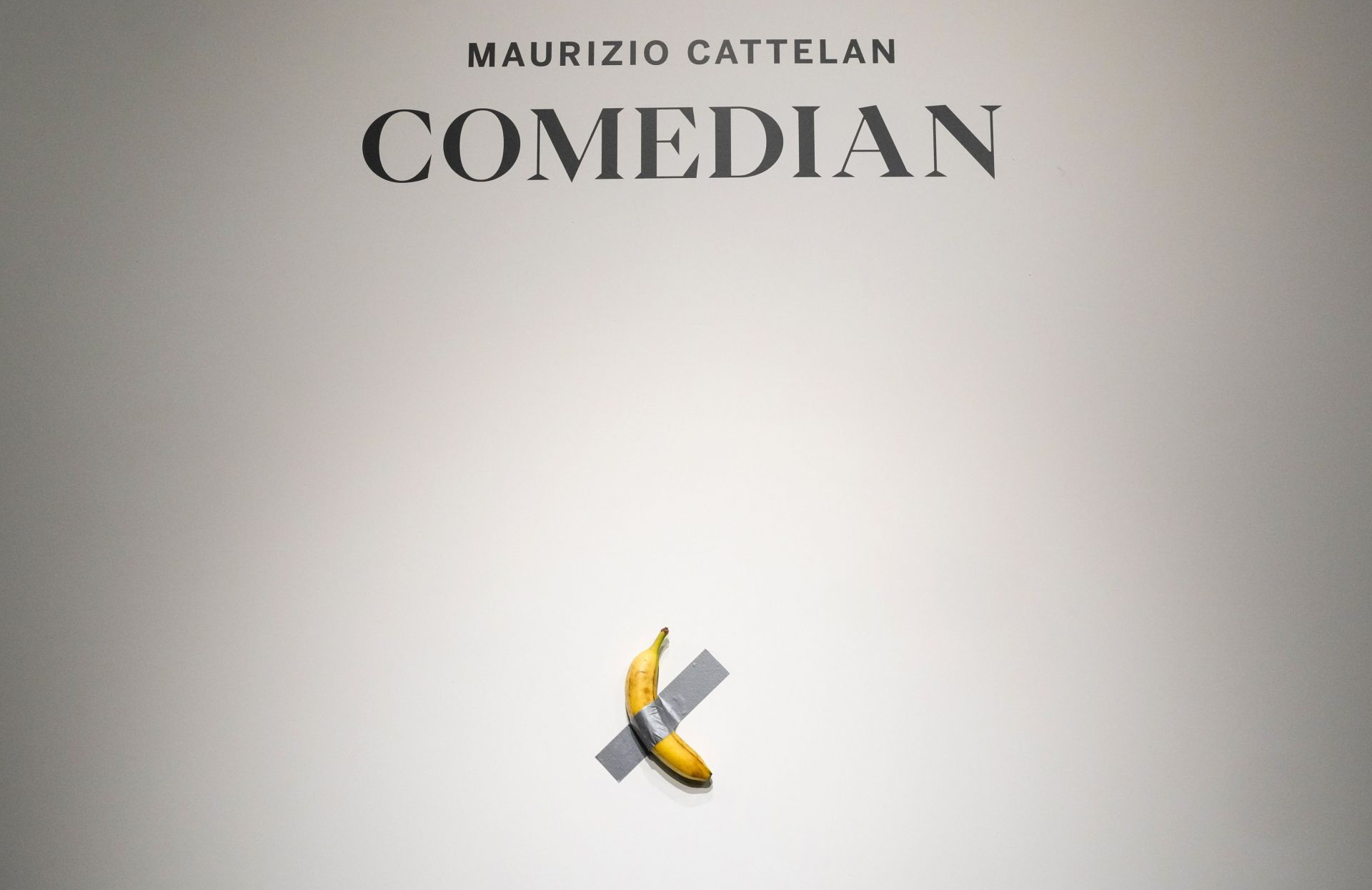 Maurizio Cattelan's ‘Comedian’ at Sotheby's in October, 2024 (Image via Getty)