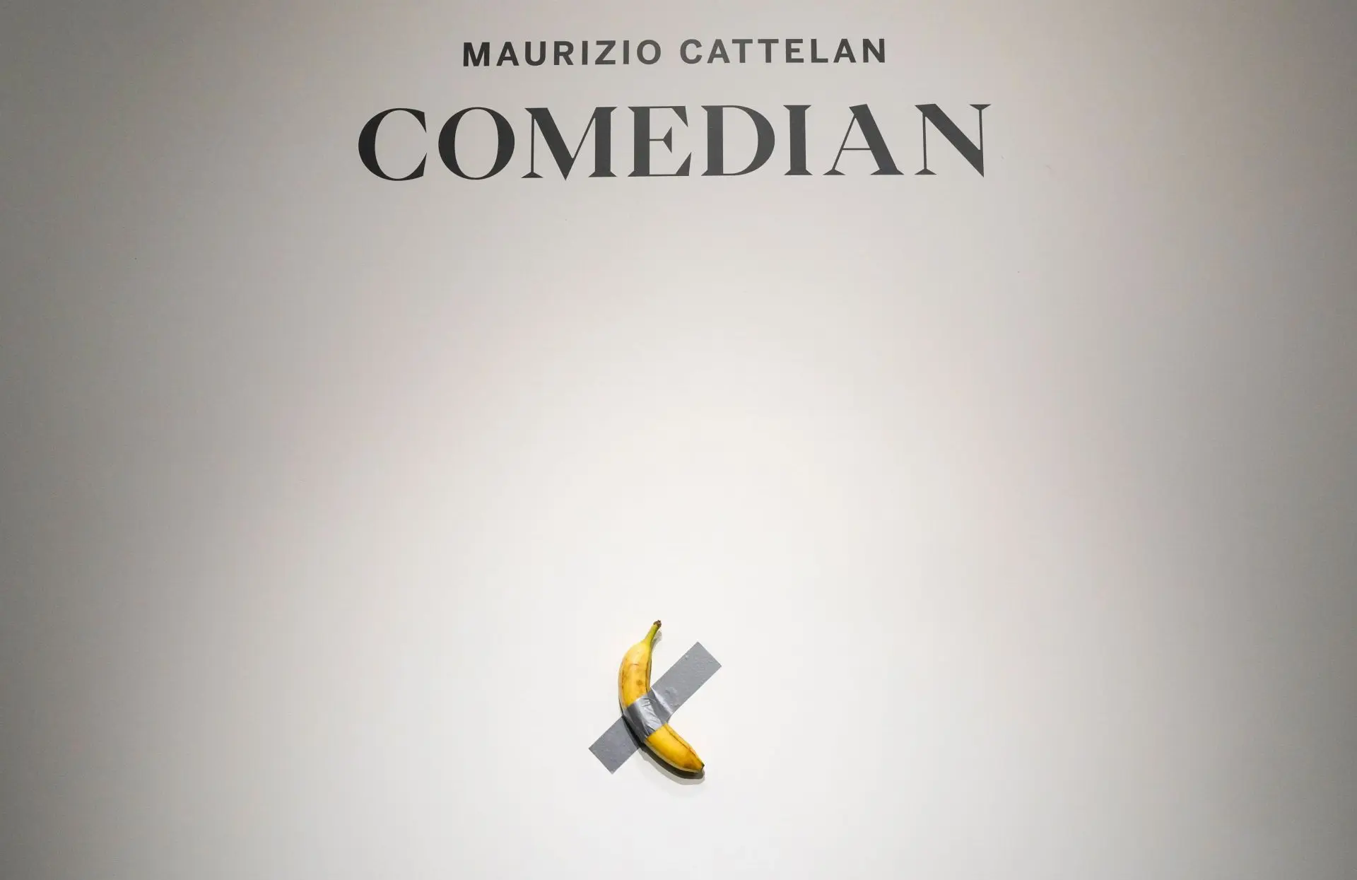 Maurizio Cattelan's ‘Comedian’ at Sotheby's in October, 2024 (Image via Getty)