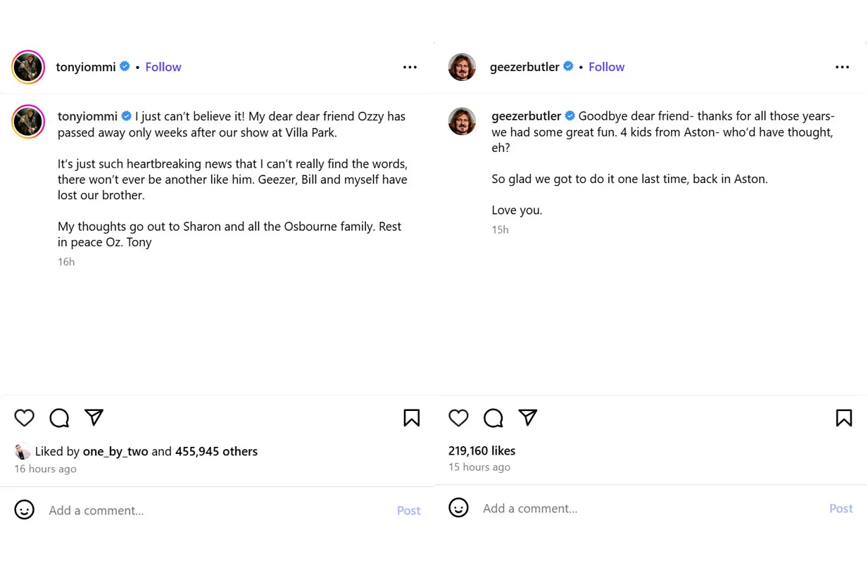 Tony Iommi and Geezer Butler's posts (Image via Instagram/ @tonyiommi, @geezerbutler)