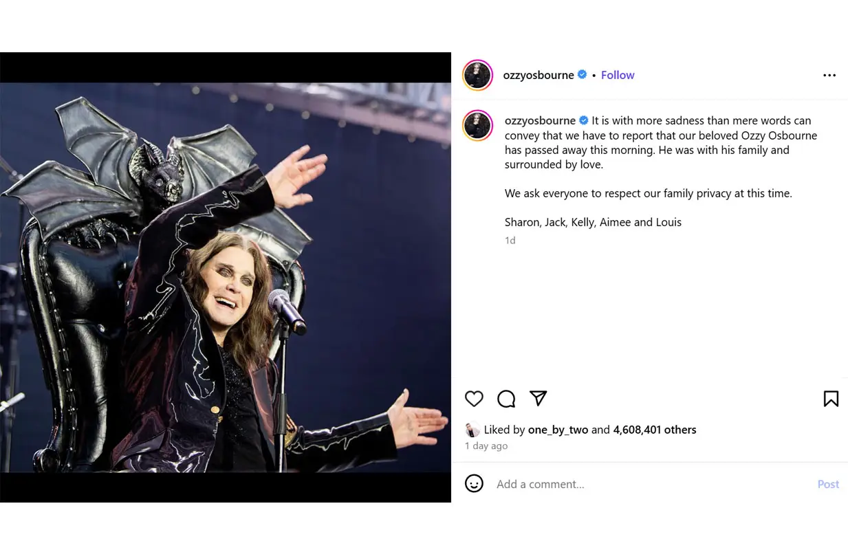 The Osbourne family's statement about Ozzy's death (Image via Instagram/ @ozzyosbourne)