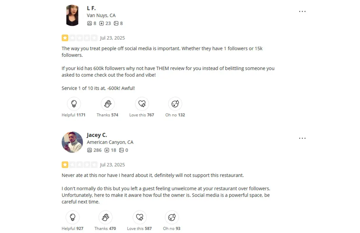 Some reviews seen on Yelp (image via Yelp/@Kis Cafe)