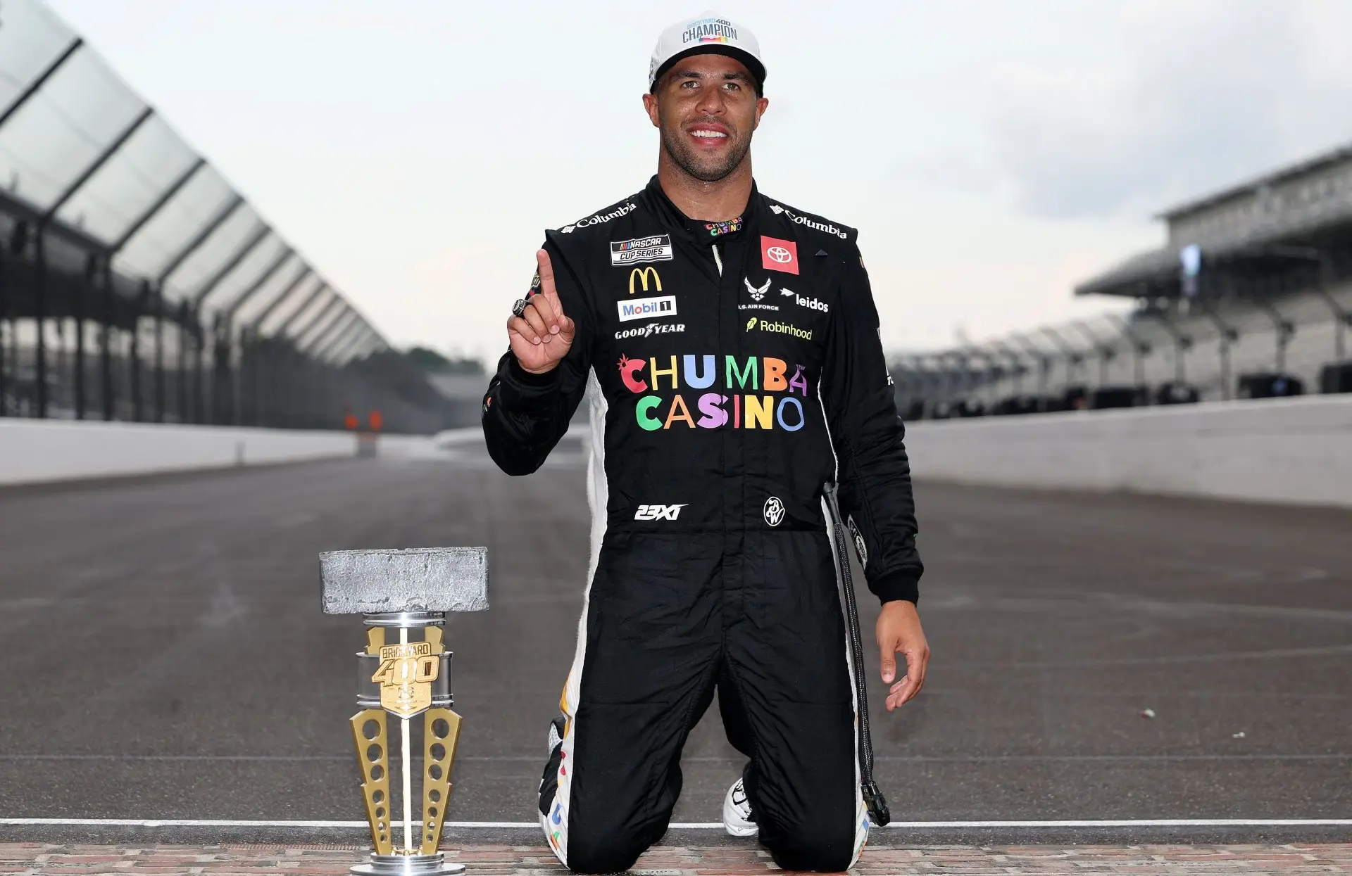 Bubba Wallace celebrating after winning the Brickyard 400 (Image via Getty)