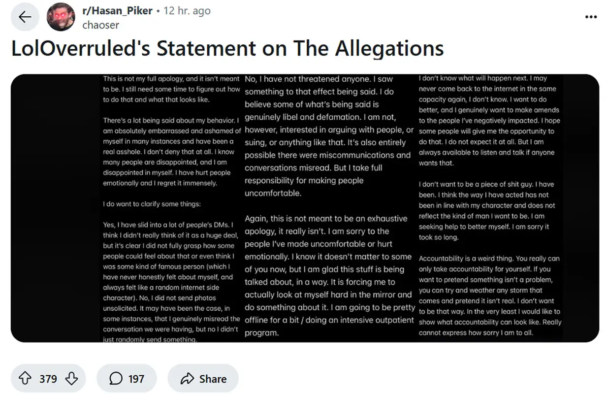 Alex Peter's now-deleted apology post (Image via Reddit r/Hasan_Piker, u/chaoser)
