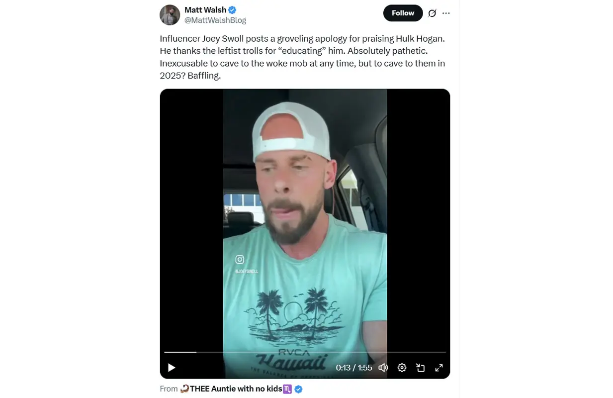 A comment reacting to Swoll's video(Image via X/ @MattWalshBlog)