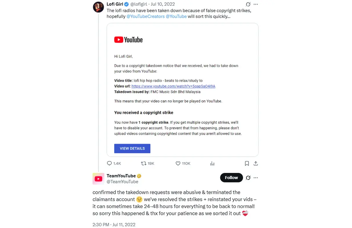 YouTube's post on X (Image via X/lofigirl, @TeamYouTube)